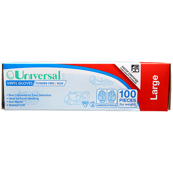 Universal Vinyl Gloves Recyclable 5.5g HACCP Powder Free Large 100/Box 1000/Carton - Blue x10
