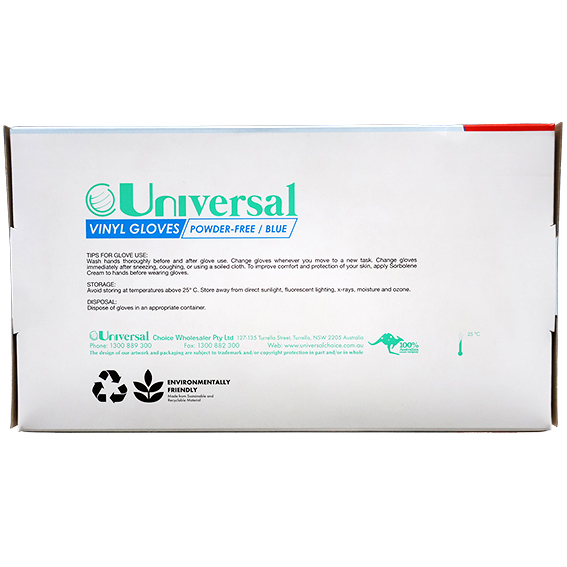 Universal Vinyl Gloves Recyclable 5.5g HACCP Powder Free Large 100/Box 1000/Carton - Blue x10
