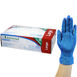 Universal Choice Vinyl Gloves Large Size Recyclable Powder Free 100/Box - Blue x65