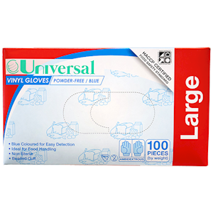 Universal Choice Vinyl Gloves Large Size Recyclable Powder Free 100/Box - Blue x65