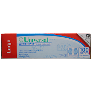 Universal Choice Vinyl Gloves Large Size Recyclable Powder Free 100/Box - Blue x65