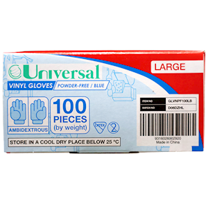 Universal Choice Vinyl Gloves Large Size Recyclable Powder Free 100/Box - Blue x65