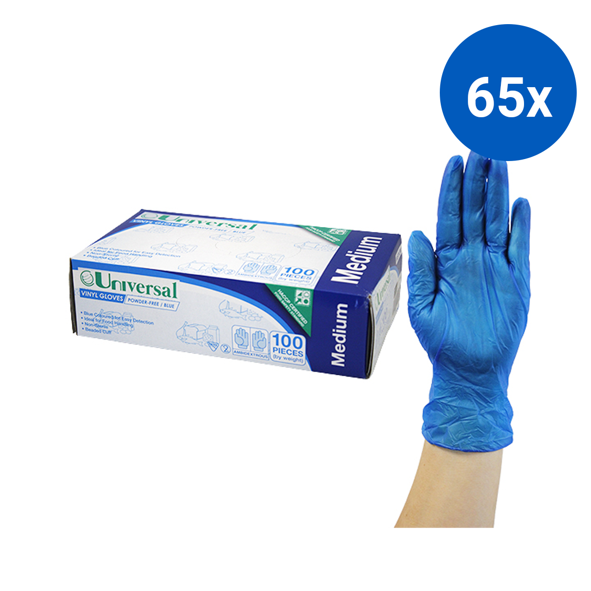Universal Vinyl Gloves Recyclable 5.0g HACCP Powder Free Medium 100/Box - Blue x65