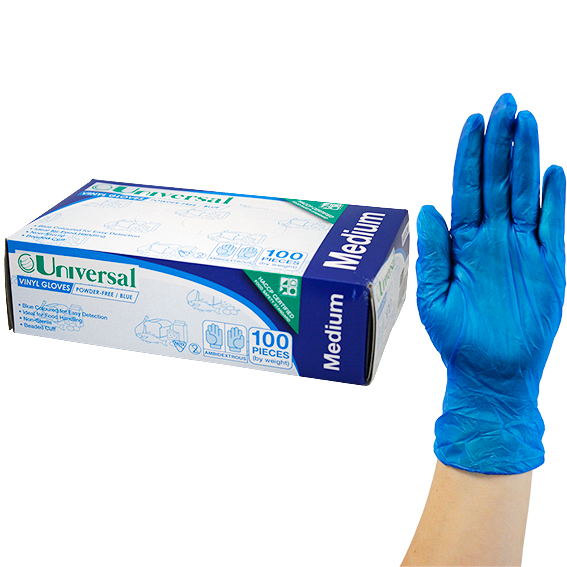 Universal Vinyl Gloves Recyclable 5.0g HACCP Powder Free Medium 100/Box - Blue x65