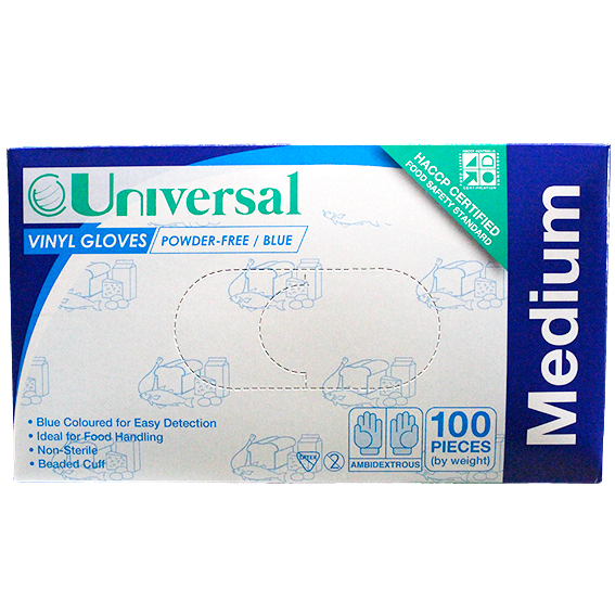 Universal Vinyl Gloves Recyclable 5.0g HACCP Powder Free Medium 100/Box - Blue x65