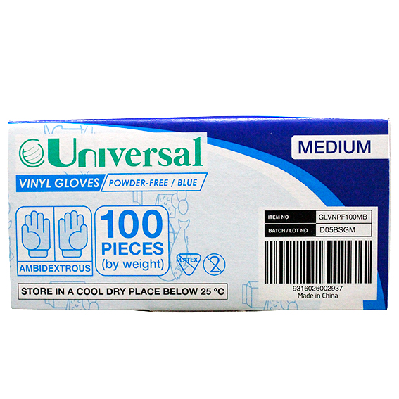 Universal Vinyl Gloves Recyclable 5.0g HACCP Powder Free Medium 100/Box - Blue x65