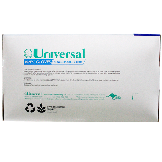 Universal Vinyl Gloves Recyclable 5.0g HACCP Powder Free Medium 100/Box - Blue x65