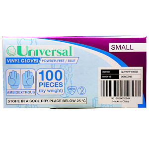 Universal Choice Vinyl Gloves Small Size Recyclable Powder Free 100/Box 1000/Carton - Blue x10