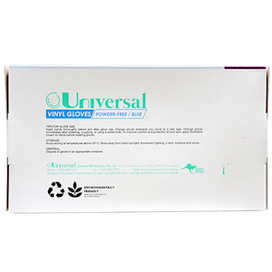 Universal Choice Vinyl Gloves Small Size Recyclable Powder Free 100/Box 1000/Carton - Blue x10