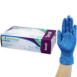 Universal Choice Vinyl Gloves Recyclable Small Size Powder Free 100/Box - Blue x65