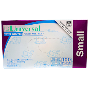 Universal Choice Vinyl Gloves Recyclable Small Size Powder Free 100/Box - Blue x65