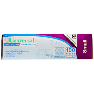 Universal Choice Vinyl Gloves Recyclable Small Size Powder Free 100/Box - Blue x65
