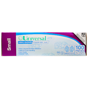 Universal Choice Vinyl Gloves Recyclable Small Size Powder Free 100/Box - Blue x65