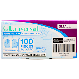 Universal Choice Vinyl Gloves Recyclable Small Size Powder Free 100/Box - Blue x65