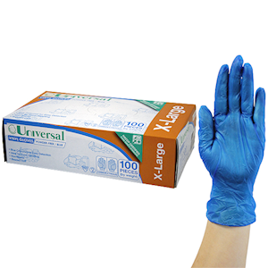 Universal Choice Vinyl Gloves Extra Large Size Recyclable Powder Free 100/Box 1000/Carton - Blue x10