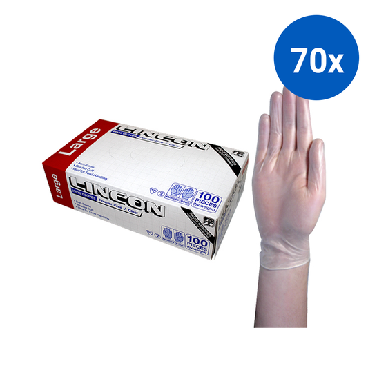 Lincon Vinyl Gloves Recyclable 5.5g HACCP Grade Powder Free Large 100/Box - Clear x70
