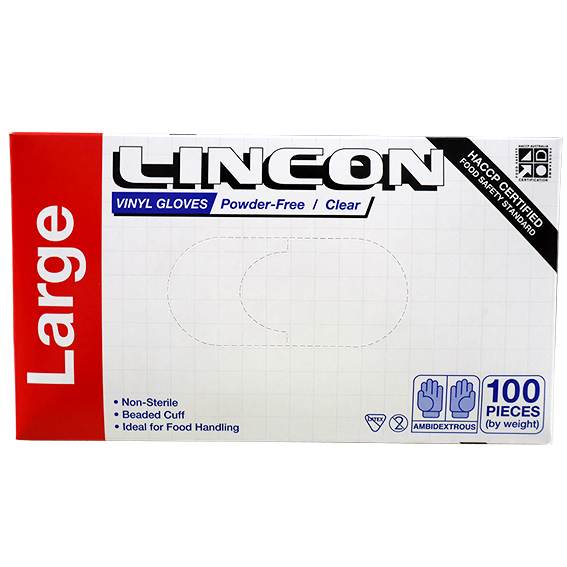 Lincon Vinyl Gloves Recyclable 5.5g HACCP Grade Powder Free Large 100/Box - Clear x70