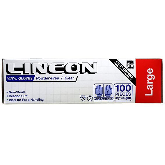 Lincon Vinyl Gloves Recyclable 5.5g HACCP Grade Powder Free Large 100/Box - Clear x70