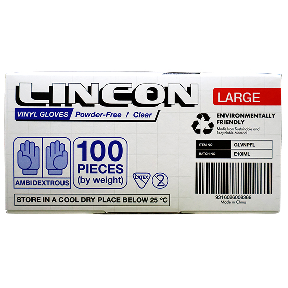Lincon Vinyl Gloves Recyclable 5.5g HACCP Grade Powder Free Large 100/Box - Clear x70