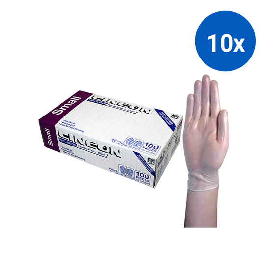 Lincon Vinyl Gloves Recyclable 4.5g HACCP Powder Free Small 100/Box 1000/Carton - Clear x10