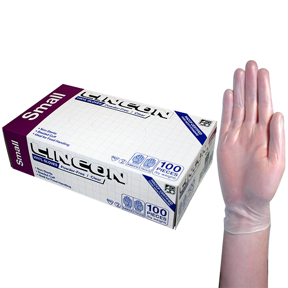 Lincon Vinyl Gloves Recyclable 4.5g HACCP Powder Free Small 100/Box 1000/Carton - Clear x10