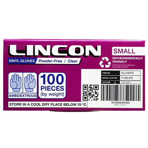 Lincon Vinyl Gloves Recyclable 4.5g HACCP Powder Free Small 100/Box 1000/Carton - Clear x10