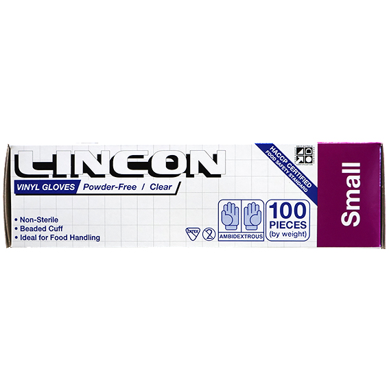 Lincon Vinyl Gloves Recyclable 4.5g HACCP Powder Free Small 100/Box 1000/Carton - Clear x10