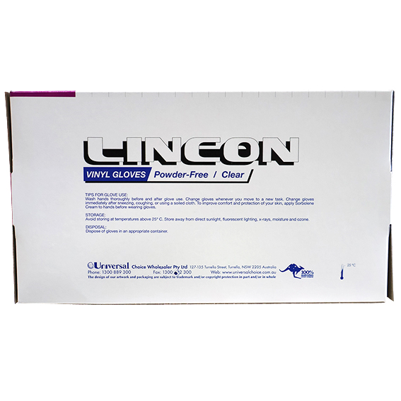 Lincon Vinyl Gloves Recyclable 4.5g HACCP Powder Free Small 100/Box 1000/Carton - Clear x10