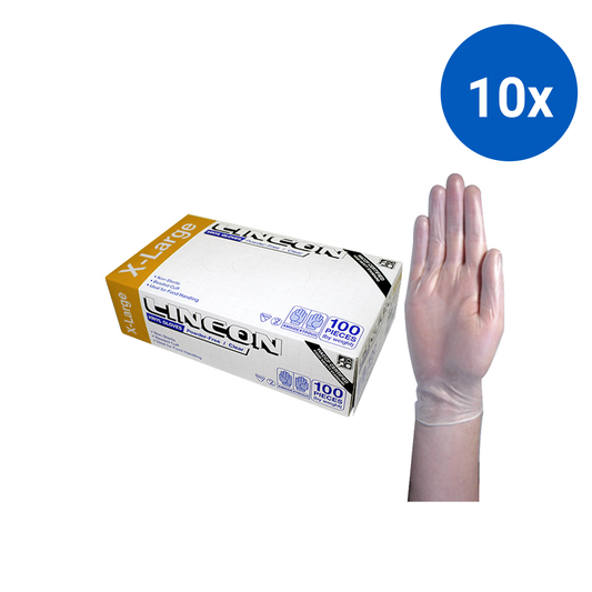 Lincon Vinyl Gloves Recyclable 6.0g HACCP Powder Free Extra Large 100/Box 1000/Carton - Clear x10