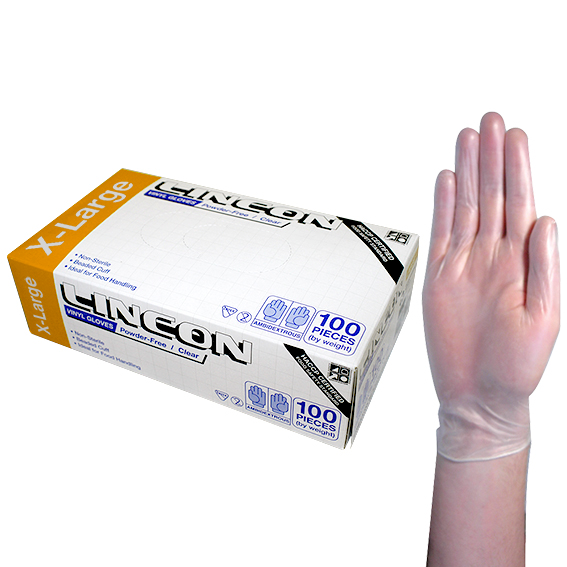 Lincon Vinyl Gloves Recyclable 6.0g HACCP Powder Free Extra Large 100/Box 1000/Carton - Clear x10