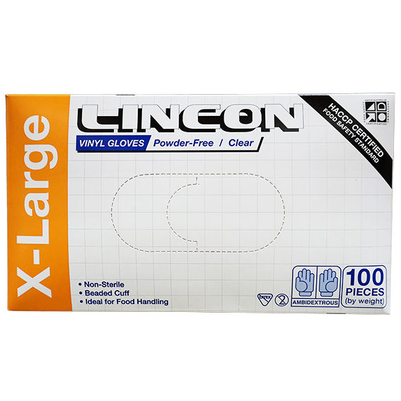 Lincon Vinyl Gloves Recyclable 6.0g HACCP Powder Free Extra Large 100/Box 1000/Carton - Clear x10