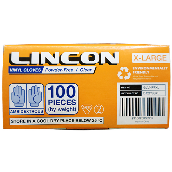 Lincon Vinyl Gloves Recyclable 6.0g HACCP Powder Free Extra Large 100/Box 1000/Carton - Clear x10