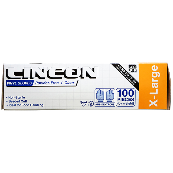 Lincon Vinyl Gloves Recyclable 6.0g HACCP Powder Free Extra Large 100/Box 1000/Carton - Clear x10