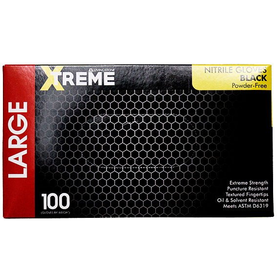 Livingstone Xtreme Thick Heavy Duty Nitrile Gloves Powder Free Large 100/Box - Black x45