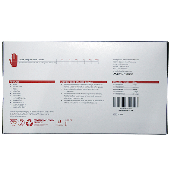 Livingstone Xtreme Thick Heavy Duty Nitrile Gloves Powder Free Large 100/Box - Black x45