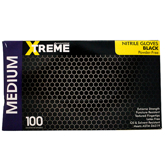 Livingstone Xtreme Thick Heavy Duty Nitrile Gloves Powder Free ASTMD6319 5.0g Medium 100/Box 1000/Carton - Black x5