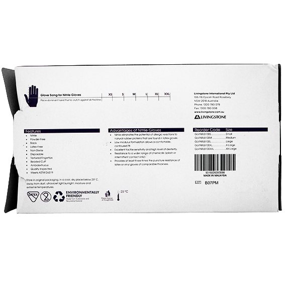 Livingstone Xtreme Thick Heavy Duty Nitrile Gloves Powder Free ASTMD6319 5.0g Medium 100/Box 1000/Carton - Black x5