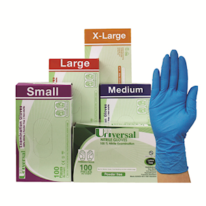 Universal Choice Nitrile Examination Gloves Large Size AS NZ Standard Powder Free 100/Box 1000/Carton - Blue x5
