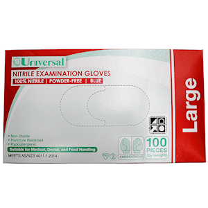 Universal Choice Nitrile Examination Gloves Large Size AS NZ Standard Powder Free 100/Box 1000/Carton - Blue x5