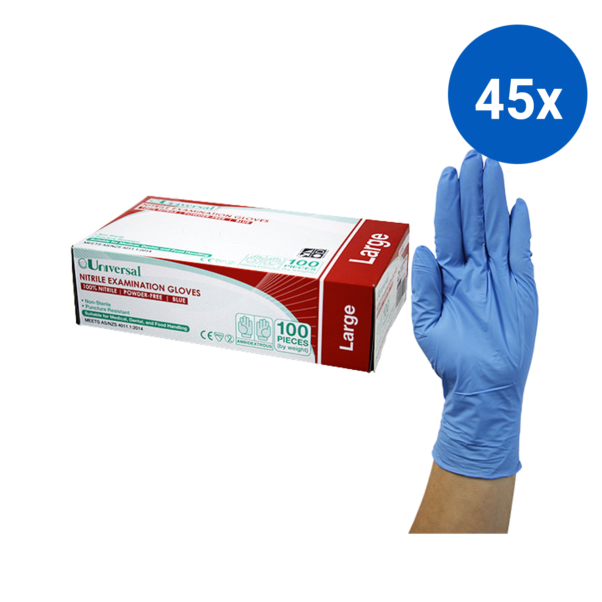 Universal Nitrile Examination Gloves AS NZ Powder Free EN374 Large HACCP 100/Box - Blue x45