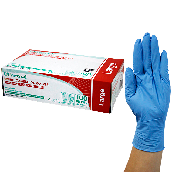 Universal Nitrile Examination Gloves AS NZ Powder Free EN374 Large HACCP 100/Box - Blue x45