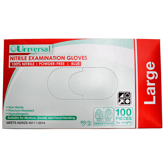 Universal Nitrile Examination Gloves AS NZ Powder Free EN374 Large HACCP 100/Box - Blue x45