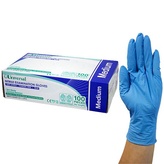Universal Nitrile Examination Gloves AS NZ Powder Free EN374 Medium HACCP 100/Box - Blue x45