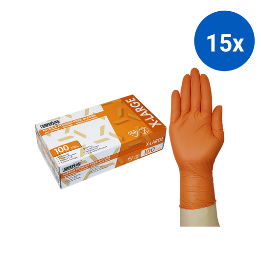Safeplus Thick Nitrile Gloves 245mm Cuff Heavy Duty Powder Free EN374 Extra Large 100/Box - Orange x15