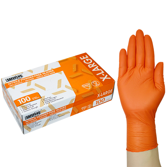 Safeplus Thick Nitrile Gloves 245mm Cuff Heavy Duty Powder Free EN374 Extra Large 100/Box - Orange x15