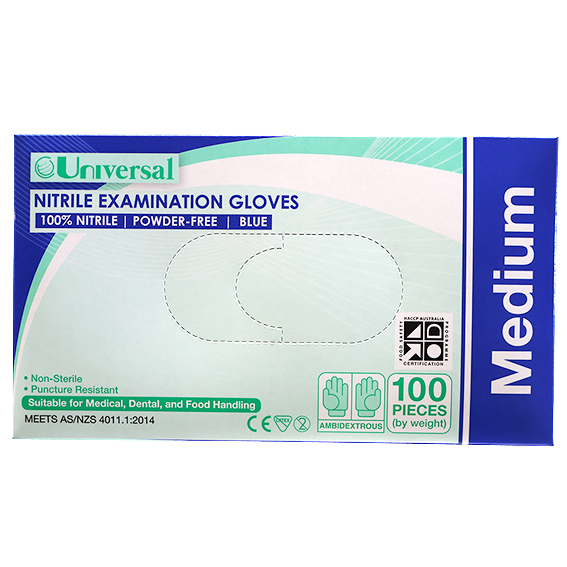 Universal Nitrile Examination Gloves AS NZ Powder Free EN374 Medium HACCP 100/Box - Blue x45