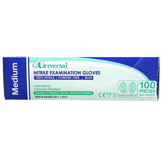 Universal Nitrile Examination Gloves AS NZ Powder Free EN374 Medium HACCP 100/Box - Blue x45