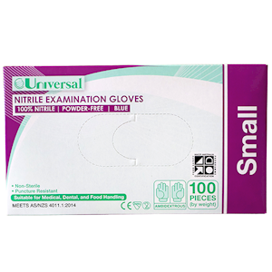 Universal Choice Nitrile Examination Gloves Small Size AS NZ Standard Powder Free 100/Box 1000/Carton - Blue x5