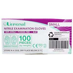 Universal Choice Nitrile Examination Gloves Small Size AS NZ Standard Powder Free 100/Box 1000/Carton - Blue x5