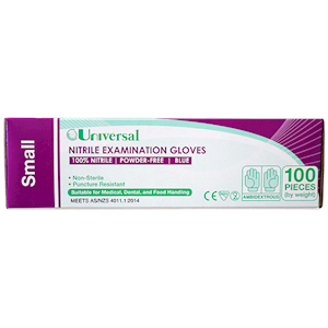Universal Choice Nitrile Examination Gloves Small Size AS NZ Standard Powder Free 100/Box 1000/Carton - Blue x5